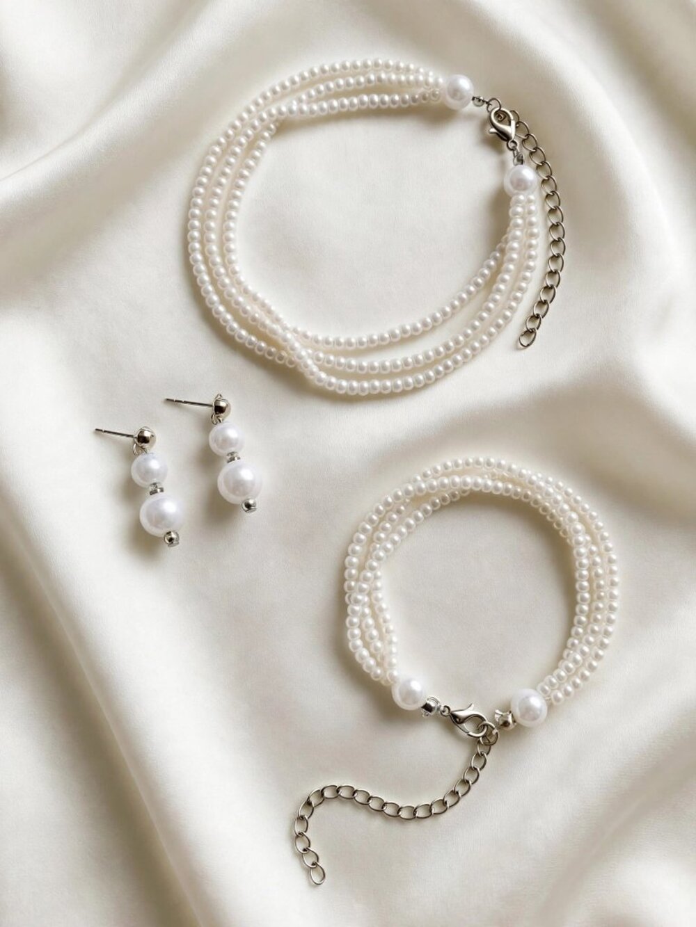 White Faux Pearl Necklace Bracelet Earrings Set - Bridal Jewelry Gift Box